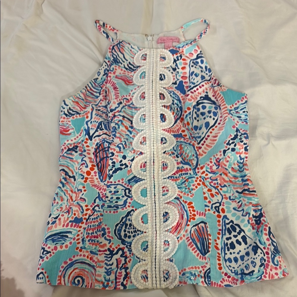 Used Lilly Pulitzer Blue and Pink Tank Top with Vibrant Print